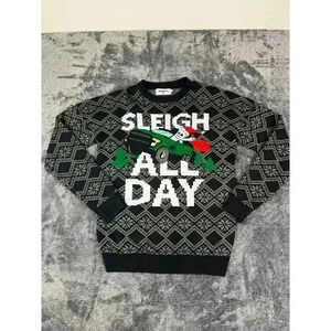 Marshmellow Sleigh All Day Christmas Holiday Sweater Black Gray Size M